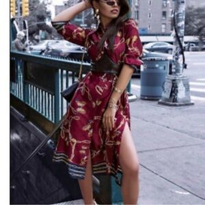 Zara Burgundy Long Sleeve Midi Dress with Chain Print